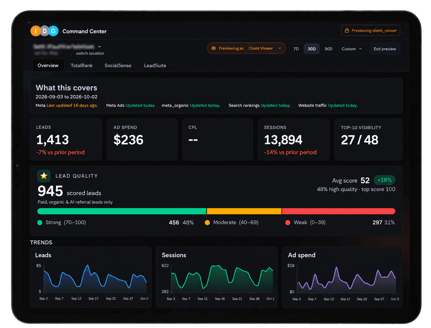 TotalRank client dashboard on an iPad